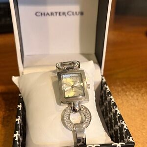 Charter Club Silver Crystal Link Women's Watch with Rectangular Dial